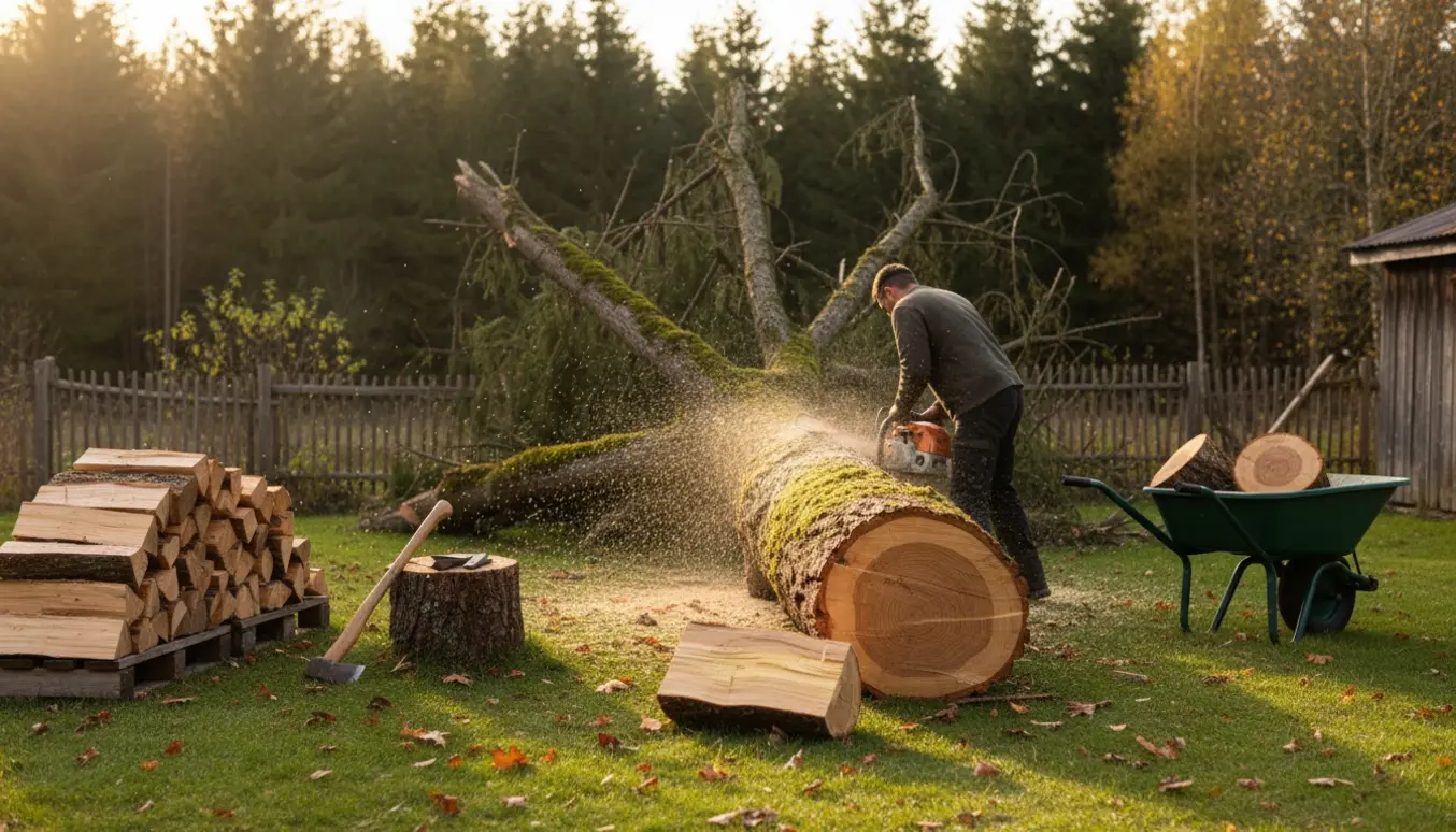 En person saver et væltet træ i haven til brænde med friskskårne stykker og en brændestak i baggrunden.