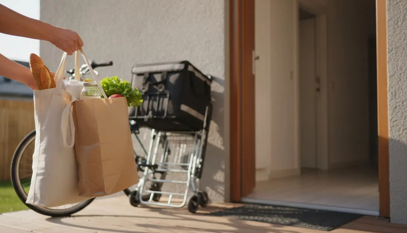 En leverandør afleverer dagligvarer i poser ved en hoveddør, med friske grøntsager og en cykel i baggrunden.