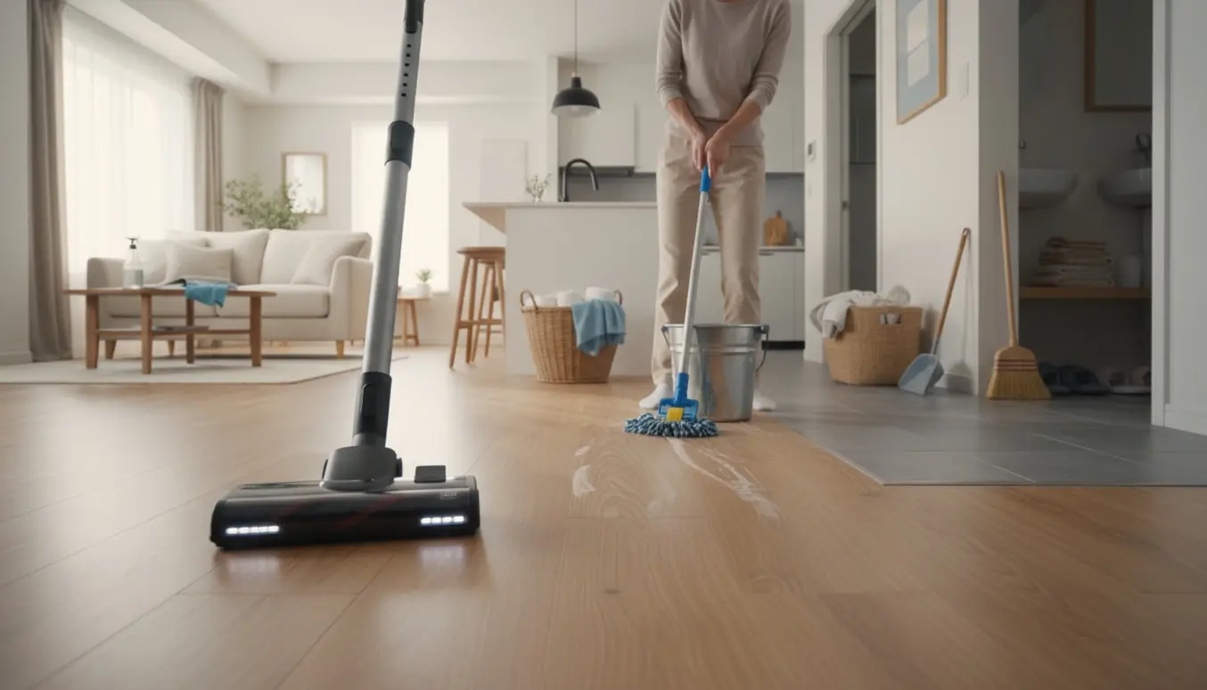 Personer gør rent i en åben lejlighed med støvsugning, gulvvask og oprydning i køkken, stue og entré.