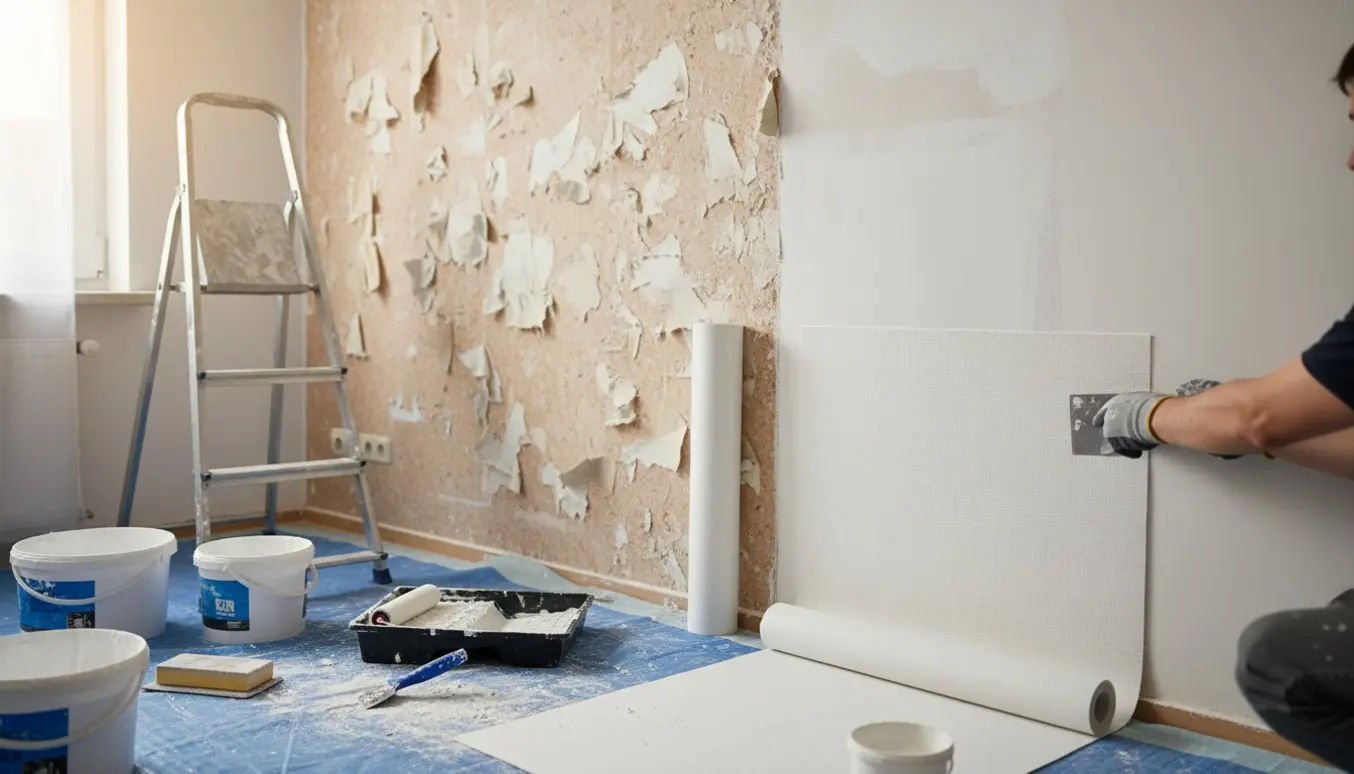 Stue under renovering med fjernet savsmuldstapet, spartlede vægge, opsætning af filt og malerredskaber.