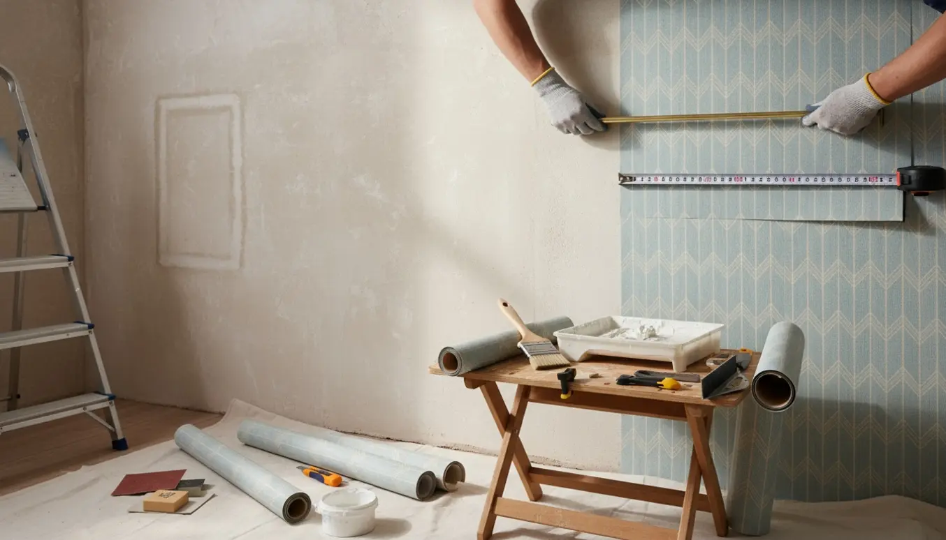 Indendørsvæg efter fjernelse af skab, halvt afrenset og nyt tapet ved at blive påført med værktøj klar.