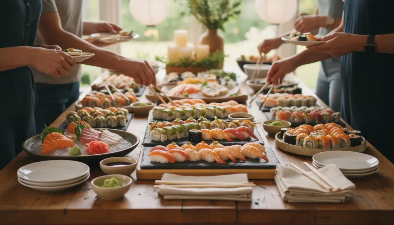 Et indbydende tag-selv-sushibord med farverige sushi-platter, små skåle med sojasauce og spisepinde.