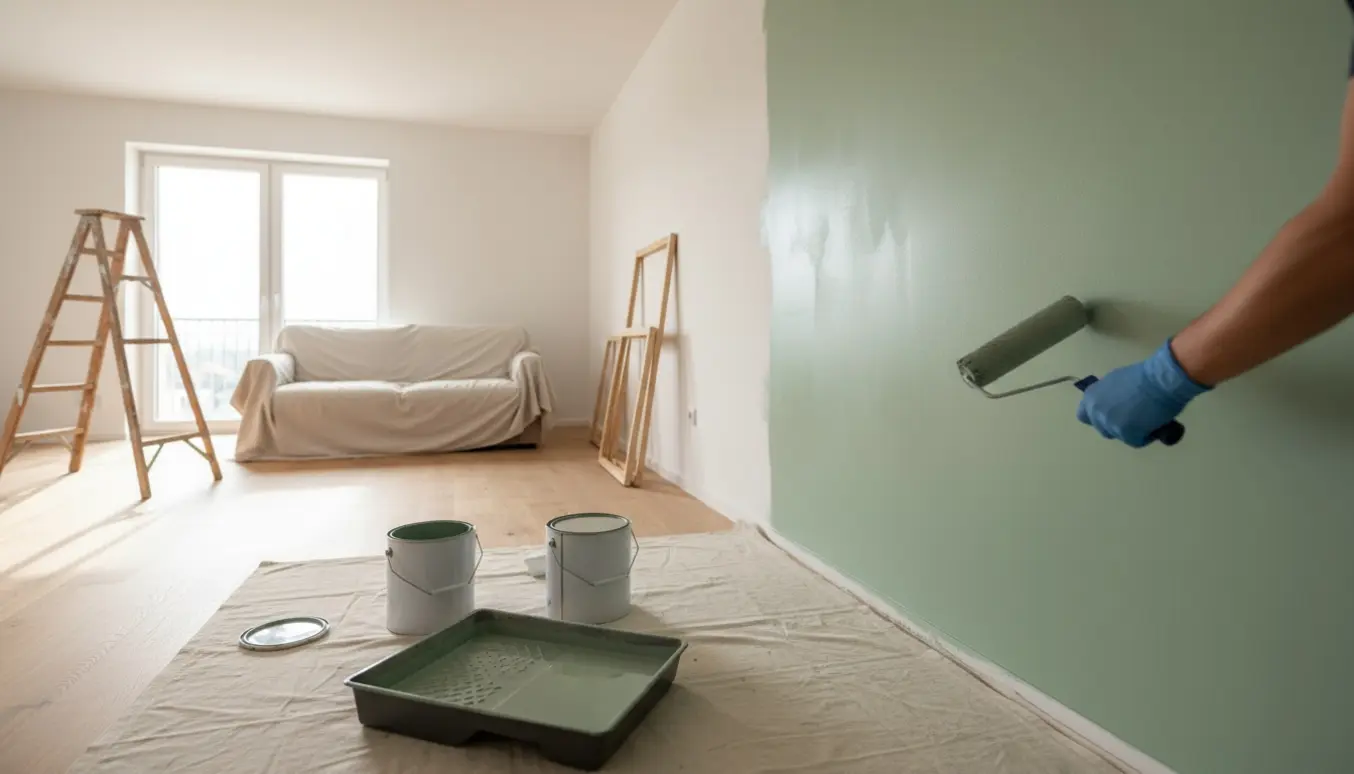 Nymalet stue med malerulle, åbne malerbøtter og afdækningsdug i blødt dagslys.