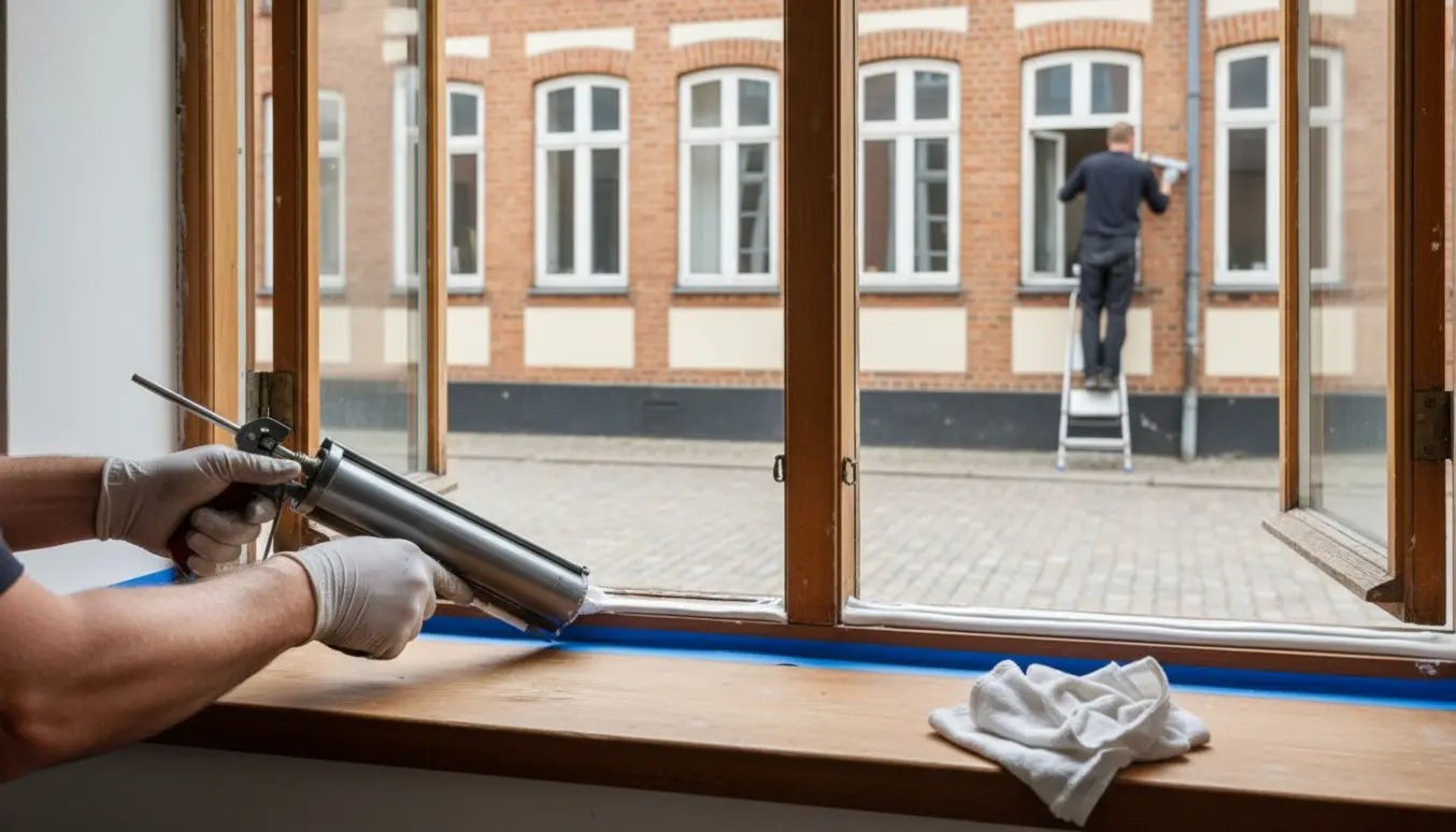 Nærbillede af indvendig og udvendig fugearbejde på stueplansvinduer i en Helsingør-bolig.