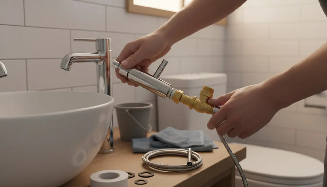 VVS-hænder installerer en stophane ved toilettet og skifter et krom blandingsbatteri med omskifter ved håndvasken.