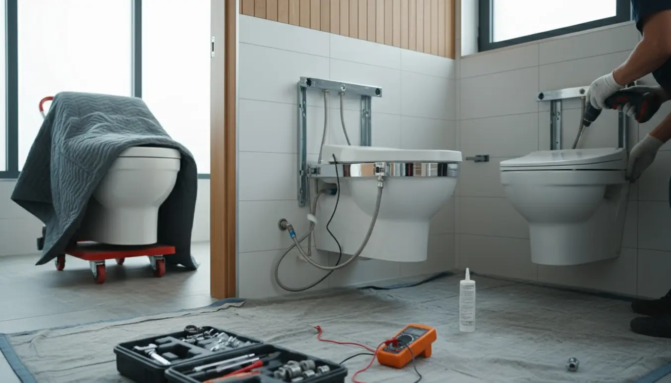 Badeværelse med afmontering og montering af væghængte washlet-toiletter, håndværkere og værktøj i fokus.