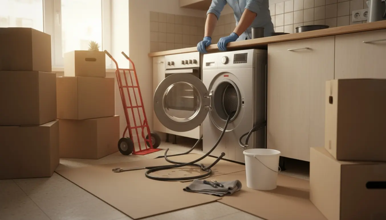 Hænder afmonterer en vaskemaskine i et køkken med værktøj, spand og flyttekasser omkring.