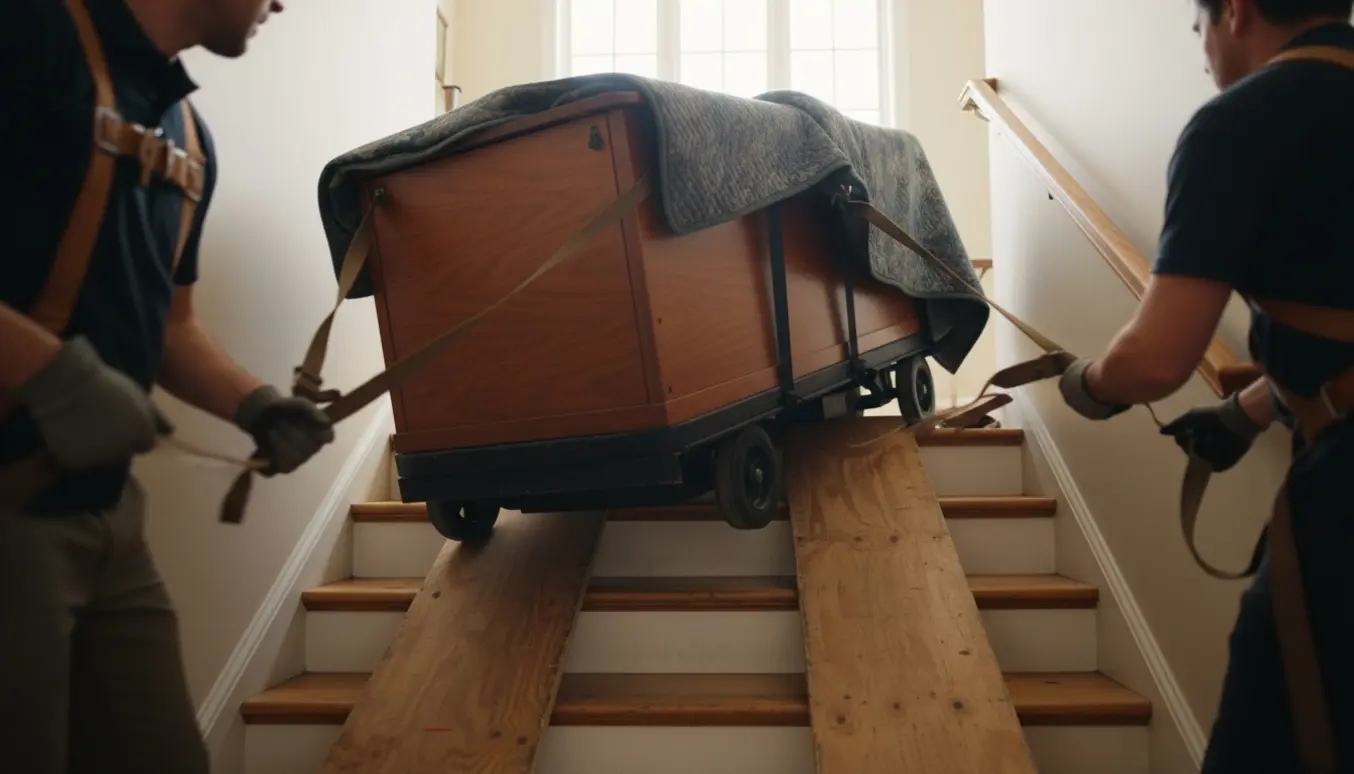 Et lavt, tungt klaver løftes op ad en seks-trins indendørs trappe af flyttere, ansigter ikke synlige.