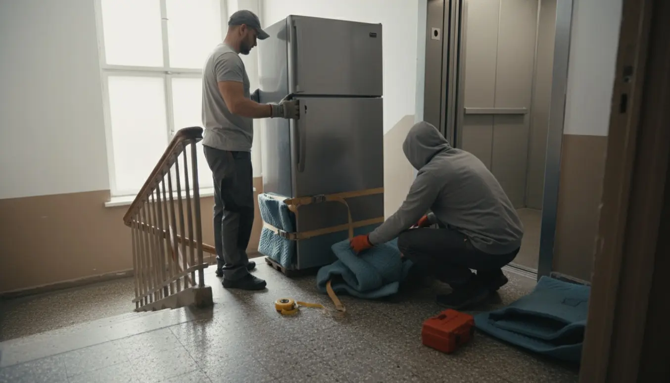 To flyttere manøvrerer et køleskab ved trappen med en lille åben elevator i baggrunden.
