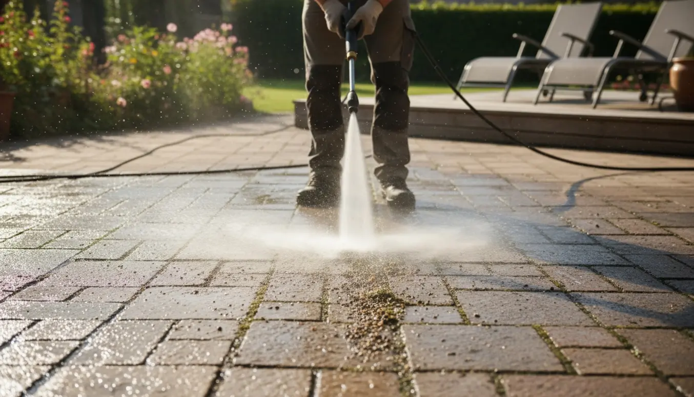 Højtryksrenser rengør udendørs fliser med tydelig før/efter-kontrast.