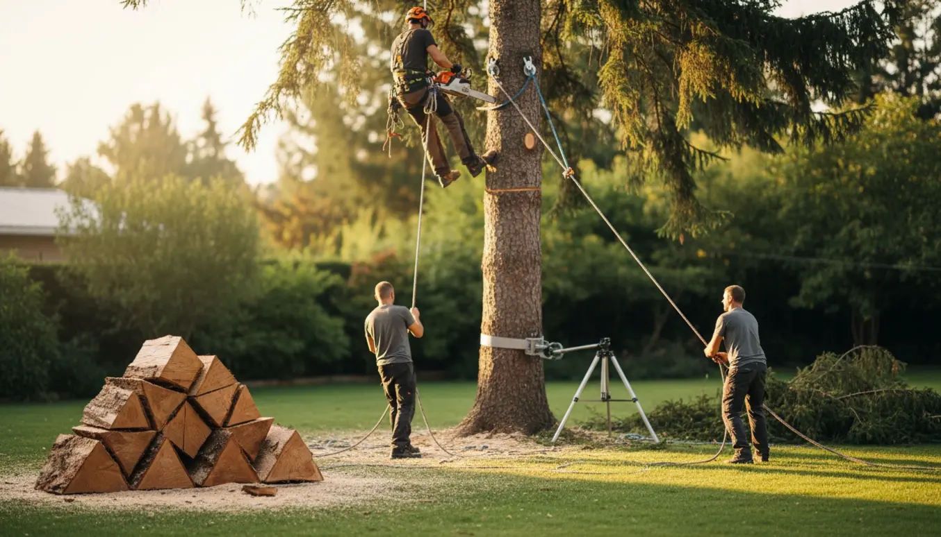 Arborist skærer topsektioner af et lærketræ, mens bundhold sænker stykkerne og stabler brænde.