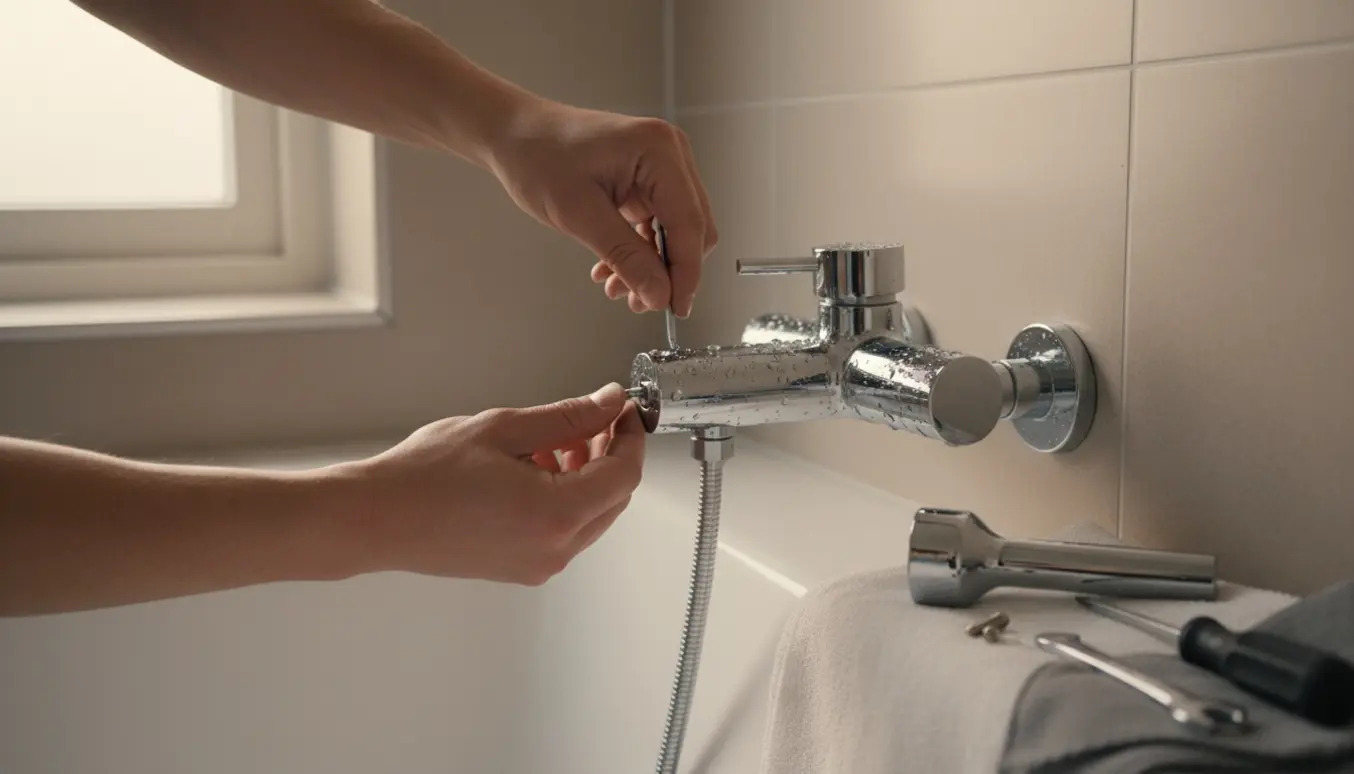 Nærbillede af hænder, der strammer et greb på en krom brusearmatur med unbrakonøgle i et lyst badeværelse.