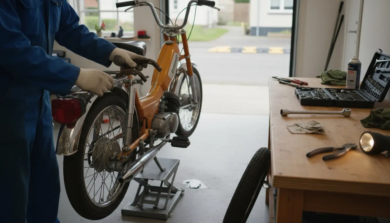 Knallert på værksted med afmonteret baghjul, mekanikerens handsker holder nye bremsebelægninger ved bremsesystemet.