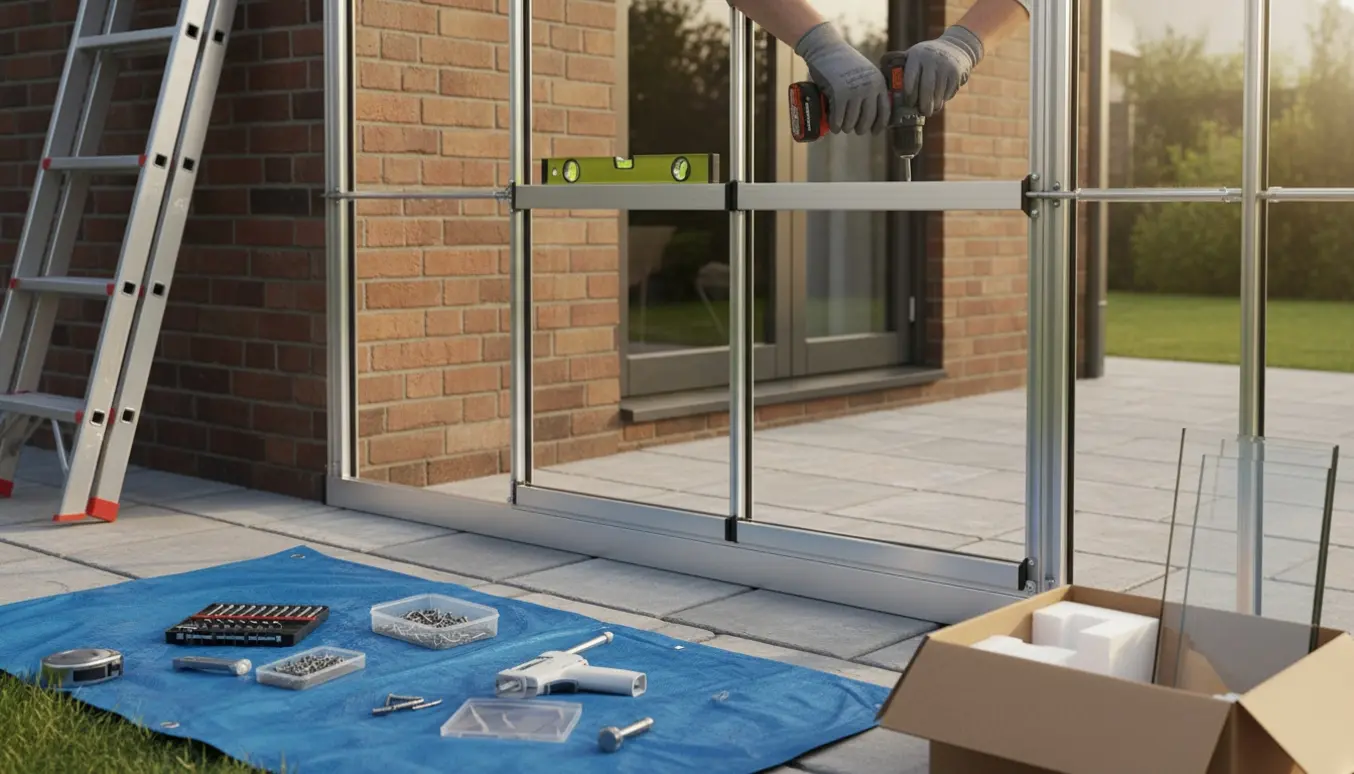 Delvist samlet vægdrivhus ved husmur med værktøj og nylagte fliser.