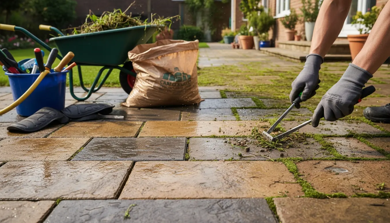 En person fjerner flisepest og ukrudt fra indgangssti og terrasse med redskaber, hvor rene og snavsede fliser ses side om side.