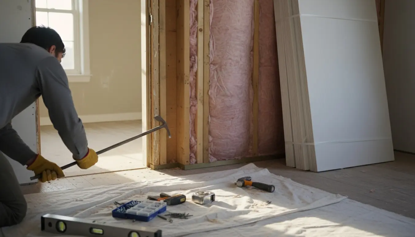 En boligrenovering hvor en dør er fjernet og en skillevæg bygges med værktøj i forgrunden.