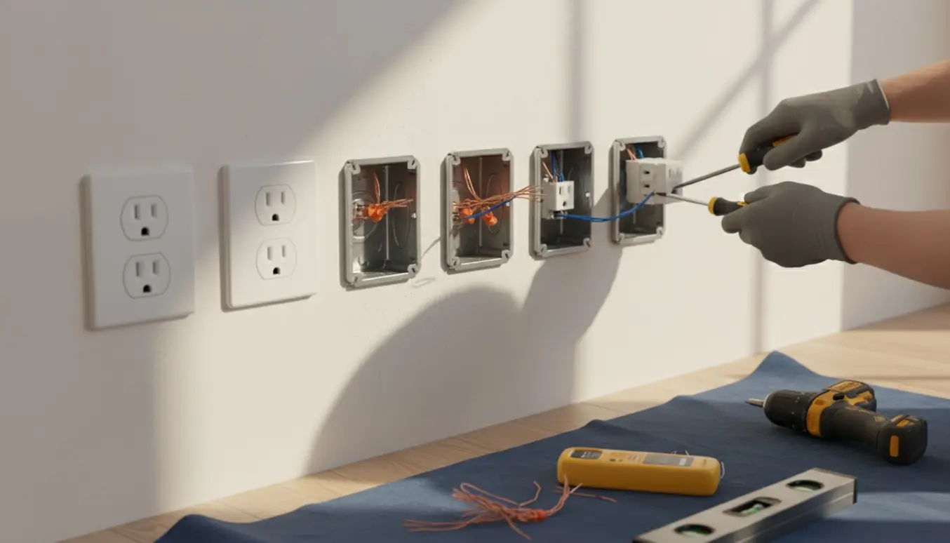 Elektriker monterer flere stikkontakter på en væg, fokus på hænder og værktøj.