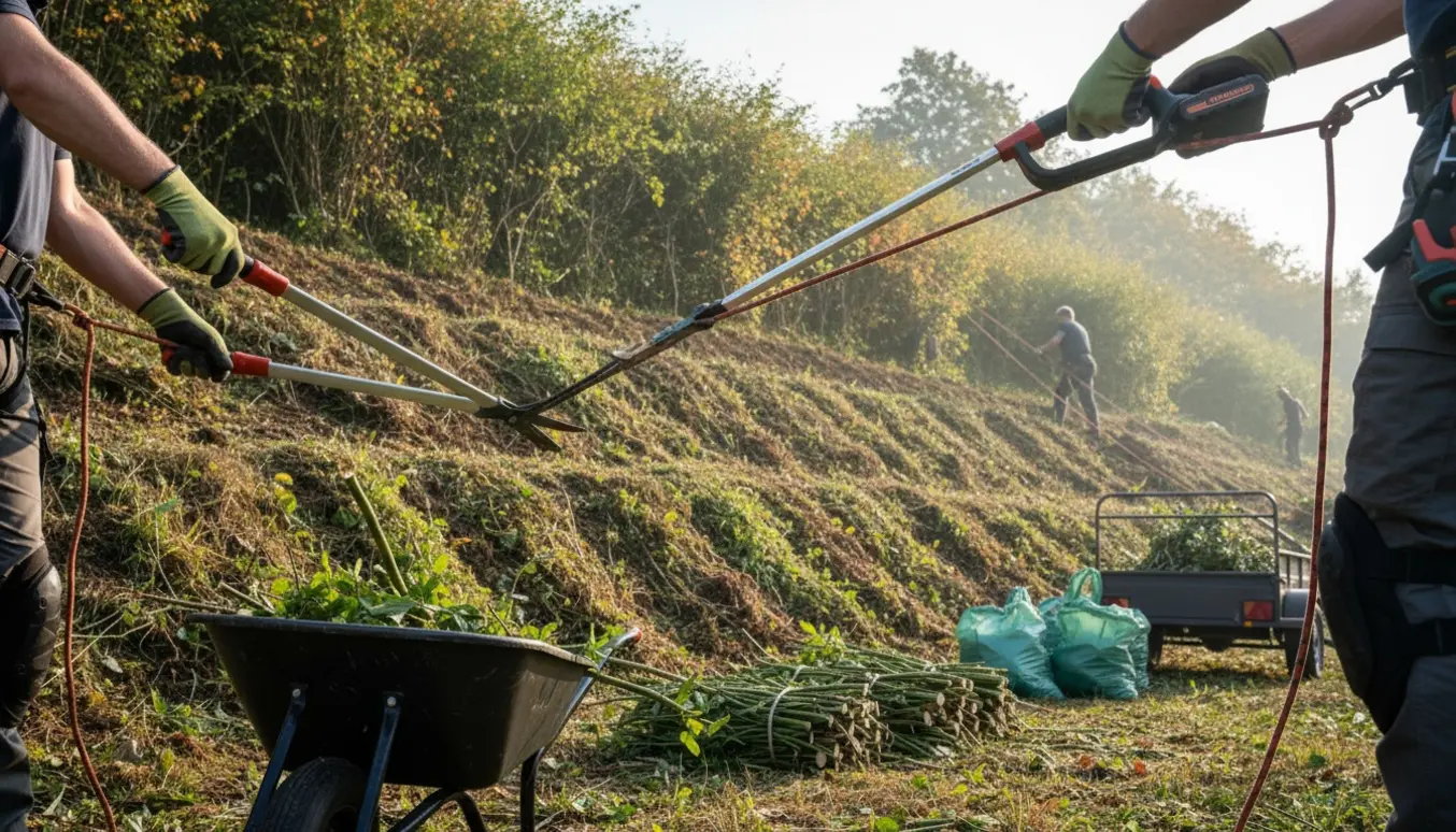 Kraftig beskæring af en stejl skrænt med værktøj, stakke af grene og affaldssække klar til bortkørsel.
