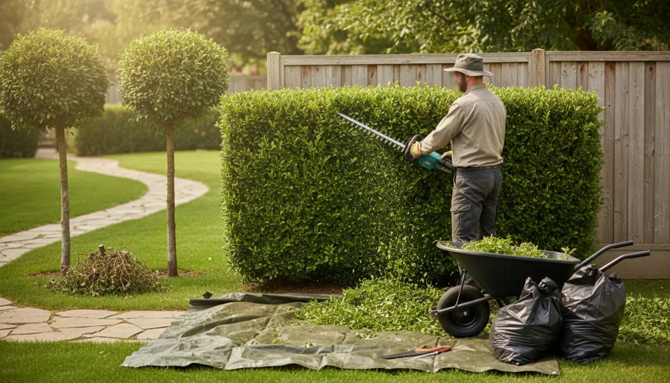 En havearbejder trimmer en tæt hæk til jævn højde med hækkeklipper, mens afklippet samles i en trillebør.