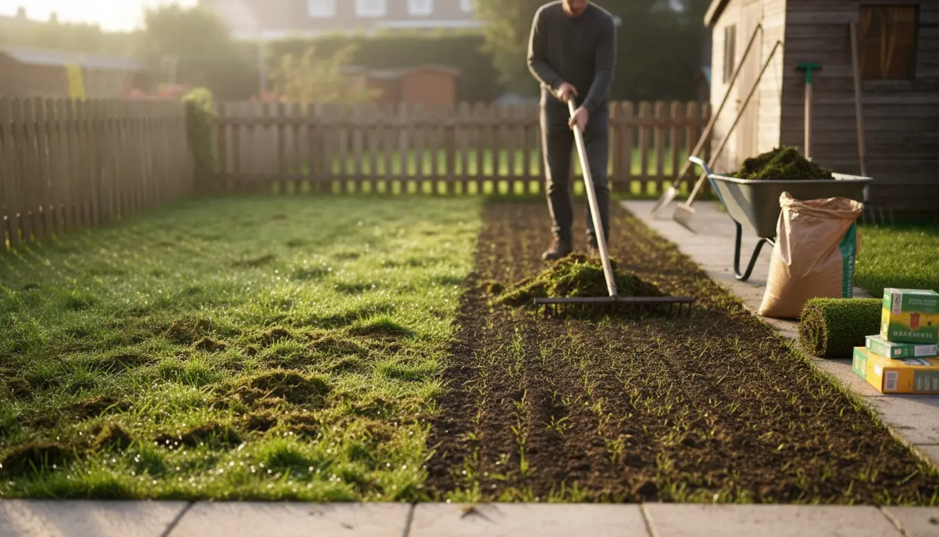 Lille baghavegræsplæne dækket af mos under renovering med rive, skovl og skovlfuld moss i en trillebør.