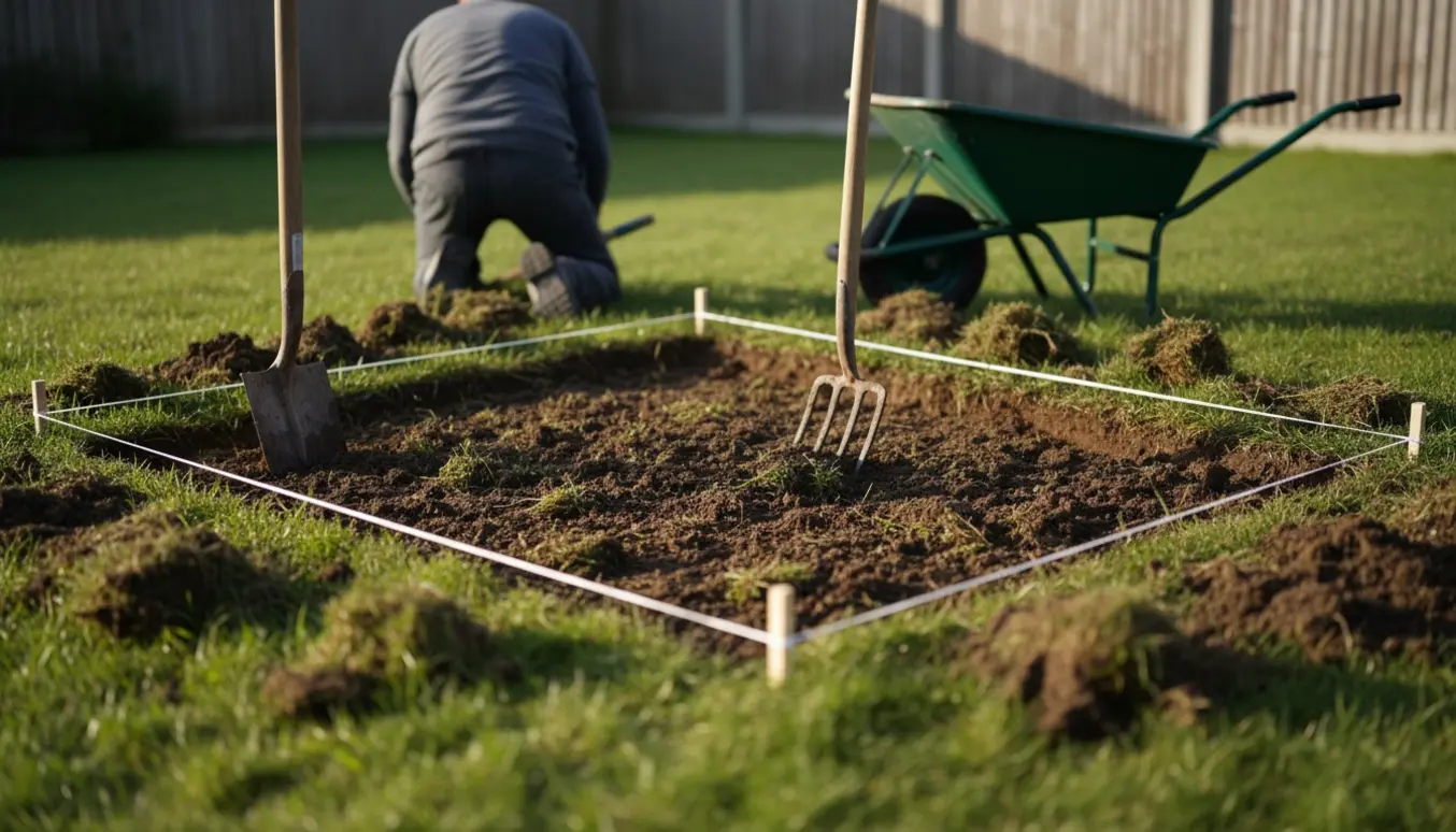 En havemand vender jord i et markeret baghaveareal med skovl og løst muld samlet langs kanten.