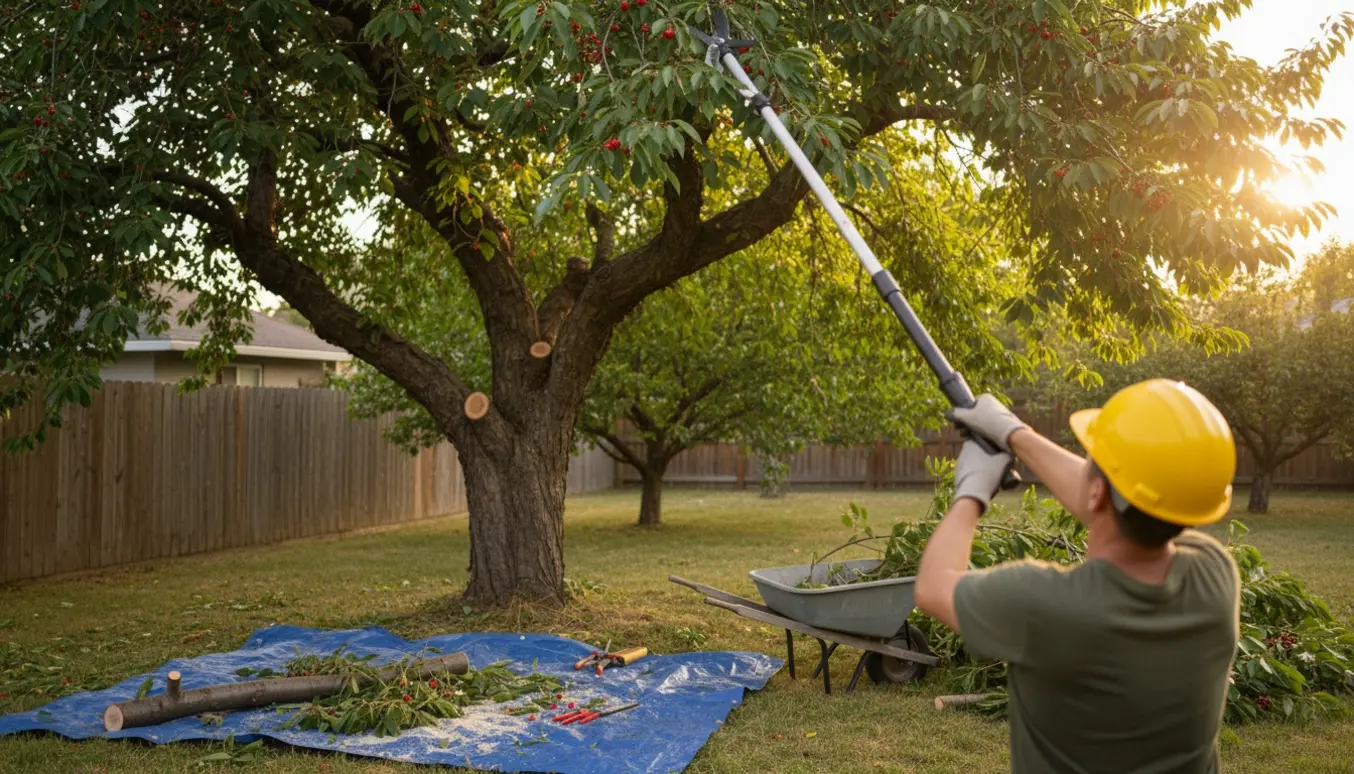 En beskærer trimmer et meget stort kirsebærtræ med en teleskopisk grensav, mens afklippede grene og værktøj ligger på en presenning i haven.
