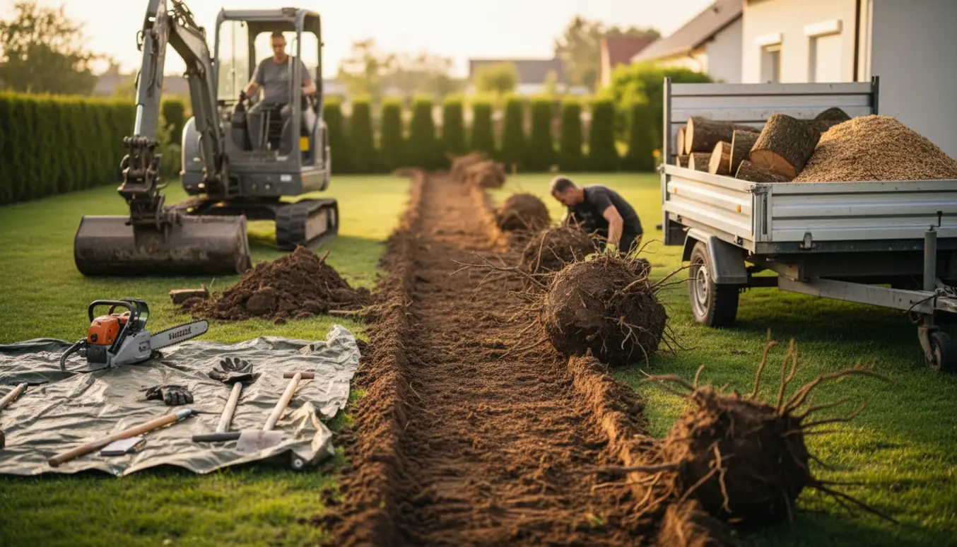 Udsigt over fjernede Thuja med eksponerede rødder, maskiner og træstammer klar til bortskaffelse.