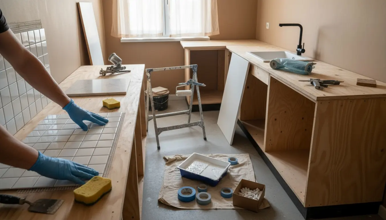 Lille køkken under renovering med fliseplader på net, malede skabslåger ved siden af og ny vask og bordplade klar til montering.