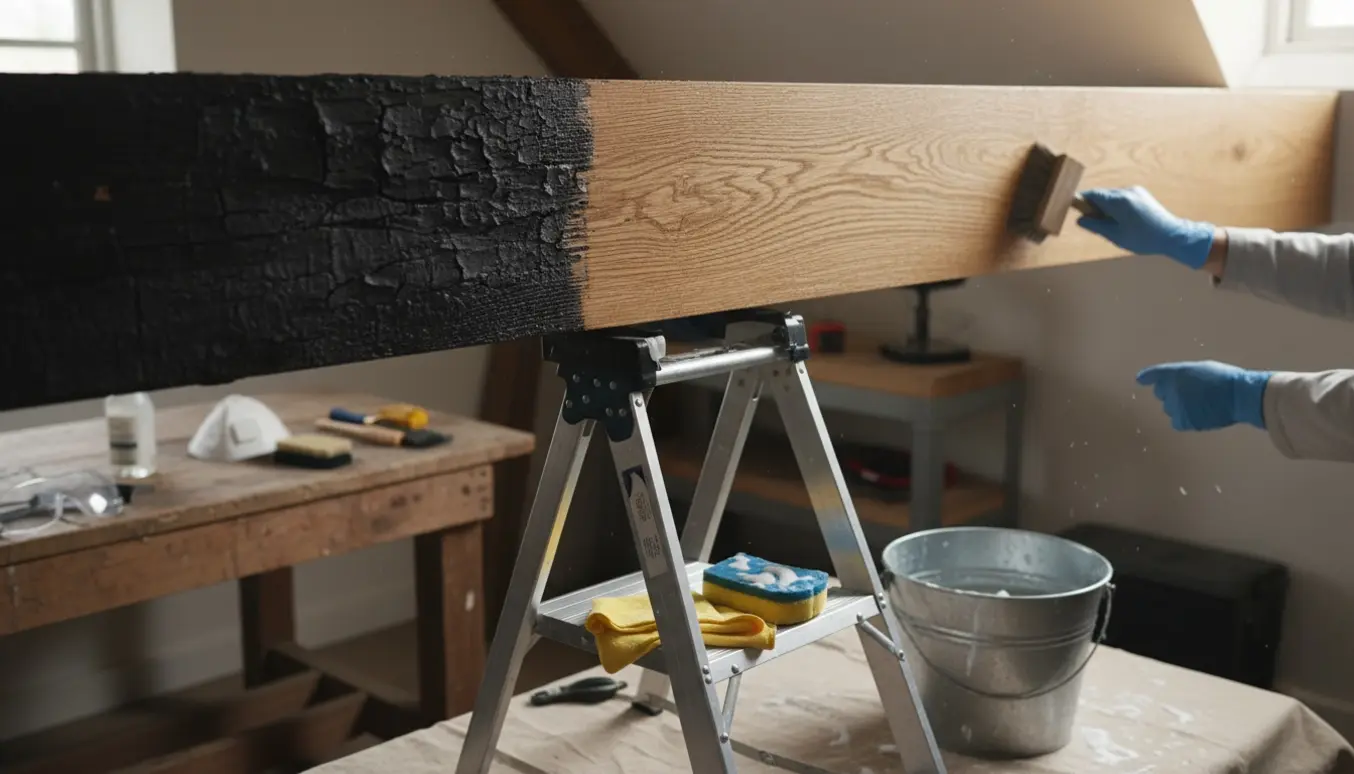 Rengøring af sodsværtet bjælkeloft, hvor mørke bjælker bliver skrubbet og lyse træoverflader kommer frem.