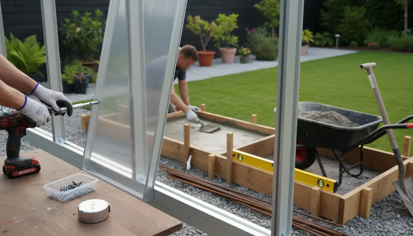 Hænder monterer en lille drivhusramme med friskstøbt fundament og værktøj i baggrunden.