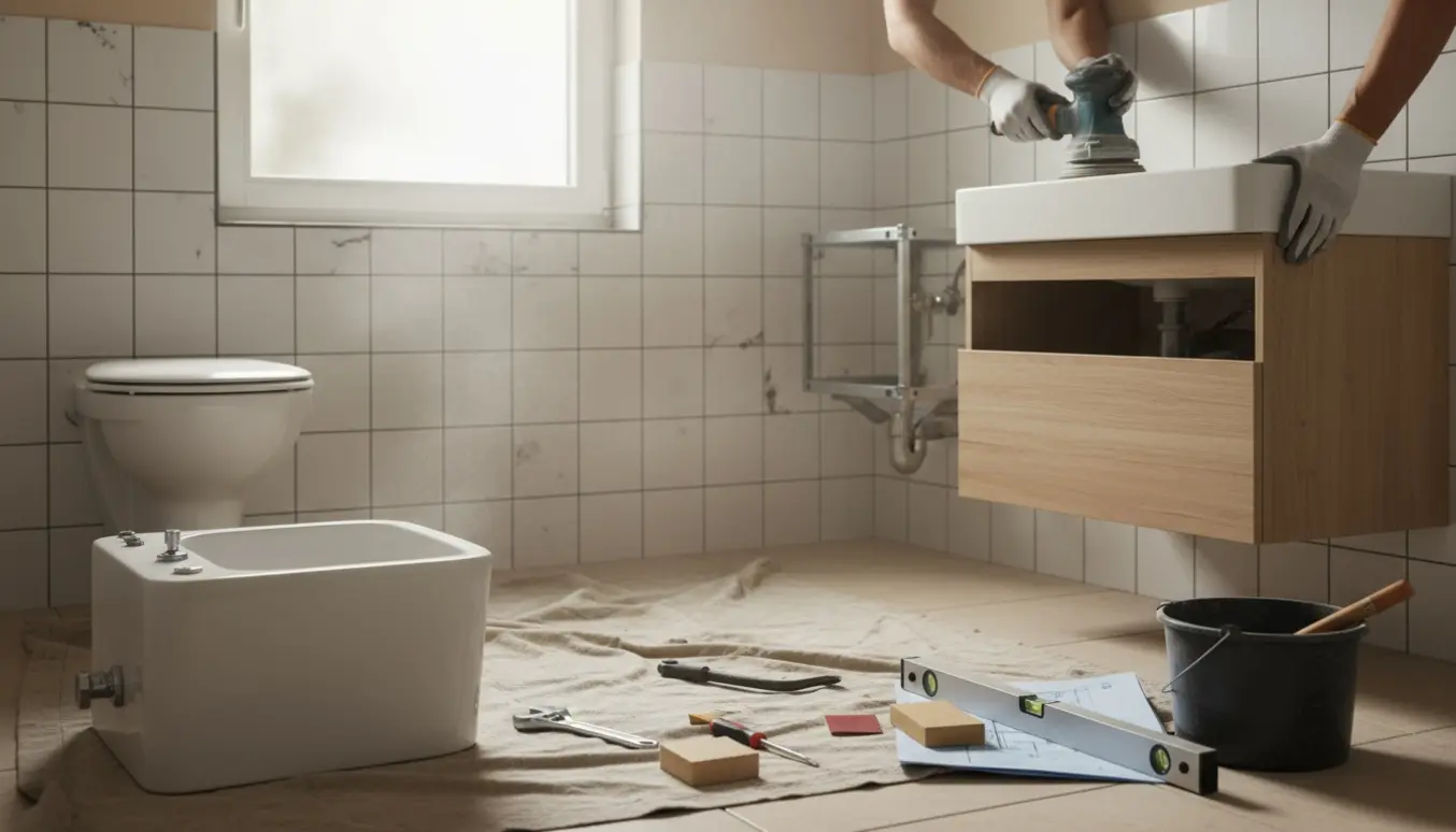 Badeværelse under renovering med fjernet vask og toilet, fliser pudses og et nyt væghængt skab monteres.