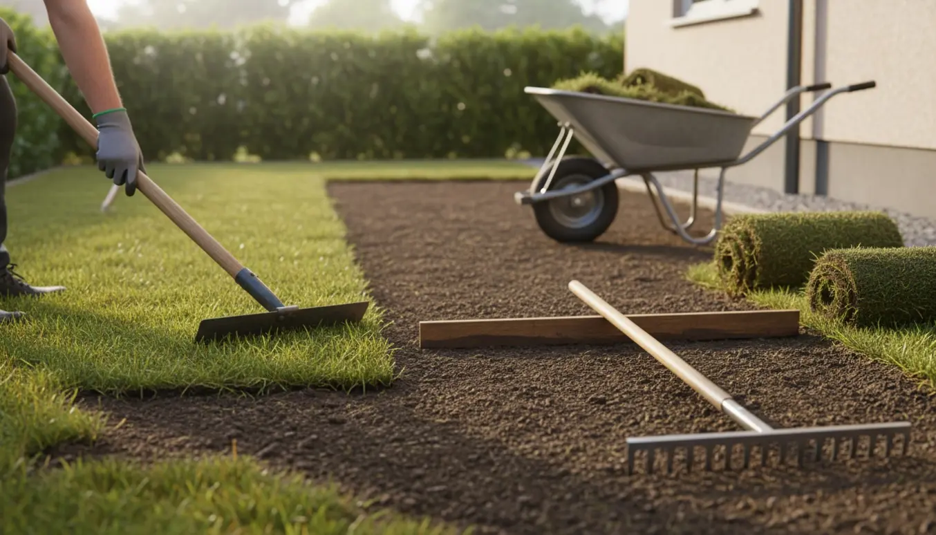 Fjernelse af græsplæne i en lille rektangulær have med spade, trillebør og jævnede jordflader.