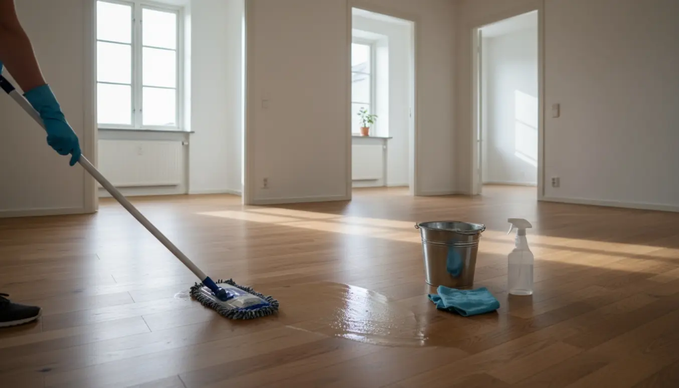 Tom, lyse lejlighed med nyvaskede trægulve og en moppe i forgrunden.