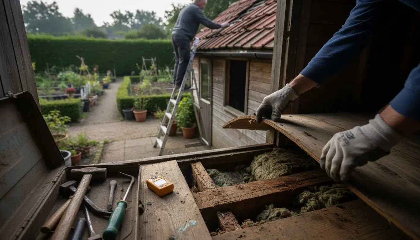 Nærbillede af handsker, der løfter et rådnet gulvbræt i et kolonihavehus med stige og værktøj i baggrunden.