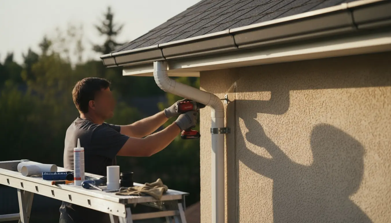 Person på stige monterer nyt nedløbsrør ved tagrenden med værktøj og synlige vandskader.
