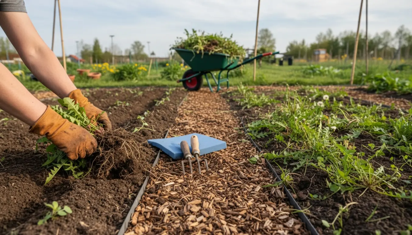 Nærbillede af hænder i handsker, der fjerner ukrudt fra to rektangulære bede med haveredskaber og en trillebør ved siden af.