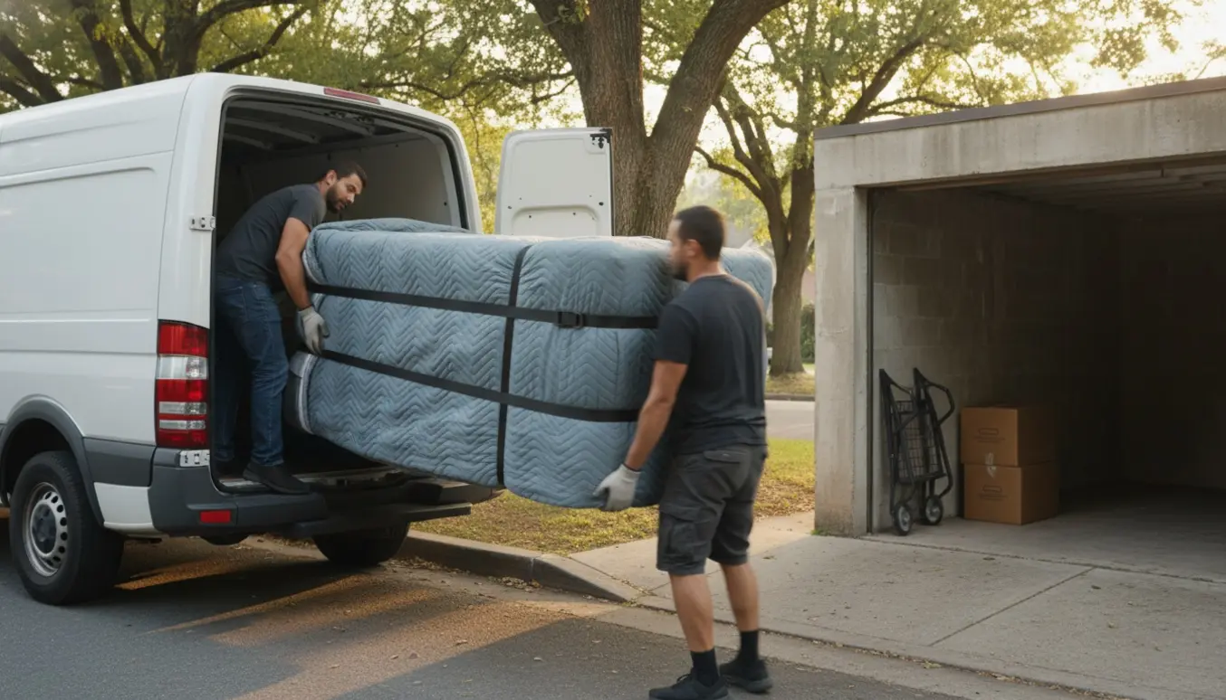 To personer bærer en indpakket dobbeltseng ind i en åben, ubranded varevogn på en stille, træbevokset gade.