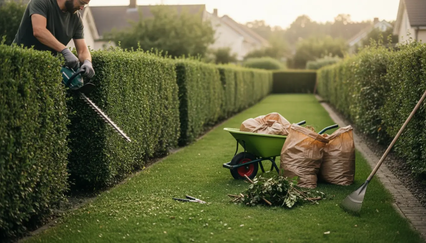 Person beskærer en lang dobbeltsidet hæk med hækkeklipper, mens afklip samles i en trillebør.