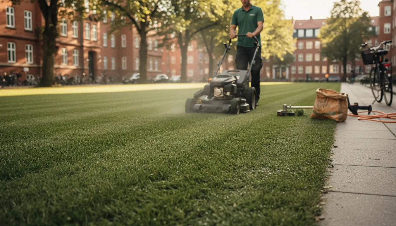 En flad, velplejet græsplæne i Frederiksberg med en plæneklipper og tydelige klippestriber.
