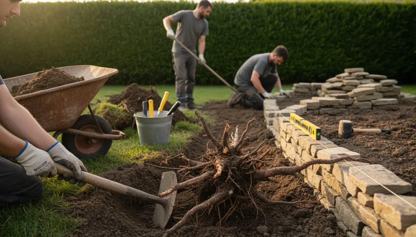 Haveområde hvor rødder graves op og jord nivelleres med en lav stenmur under opbygning foran en hæk.