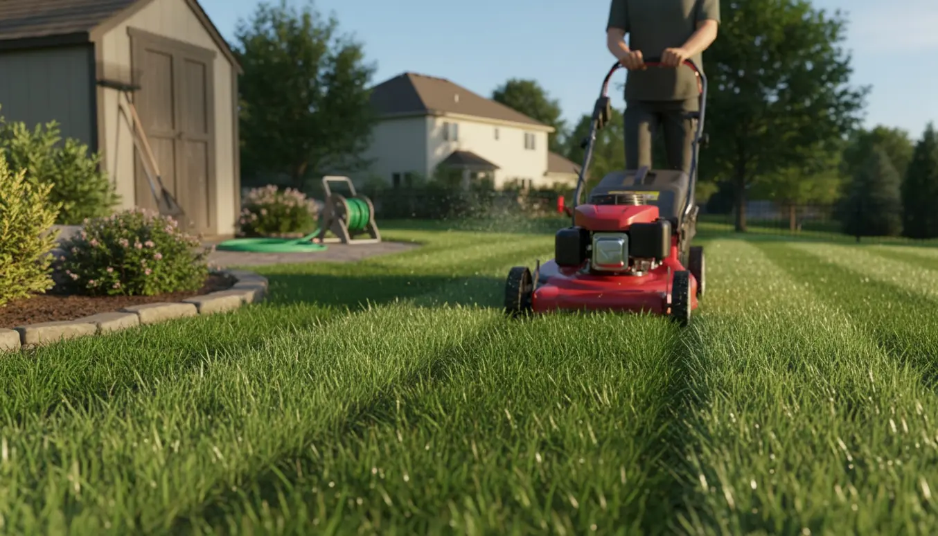 Nærbillede af en græsslåmaskine, der laver striber på en velplejet græsplæne, med ejeren vendt væk.