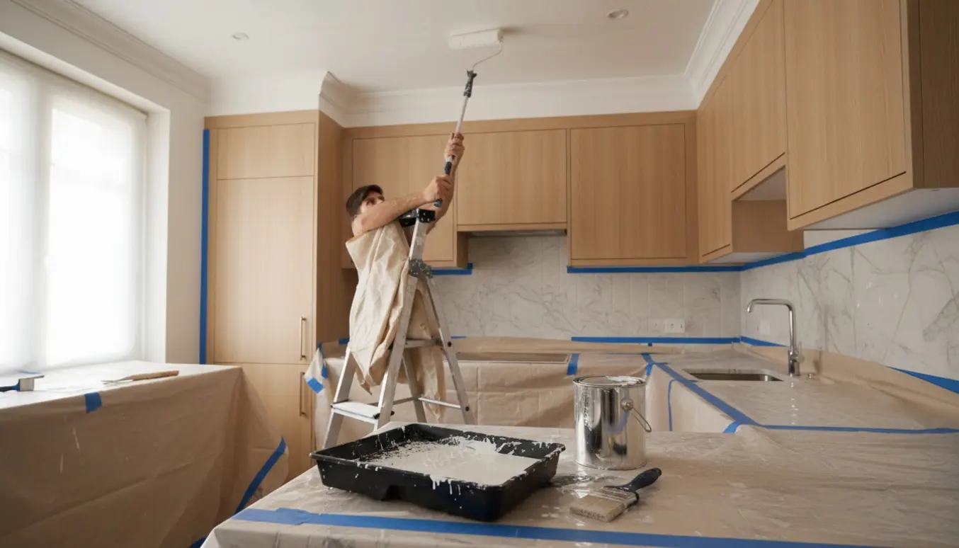 Hænder maler et køkkentag med rulle og forlængerstang i et lille køkken, med malerbøtte og afdækningsduge i forgrunden.