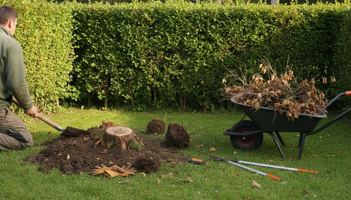 Døde bøgebuske rykkes op ved kanten af en firkantet bøgehæk med spade og grensaks.