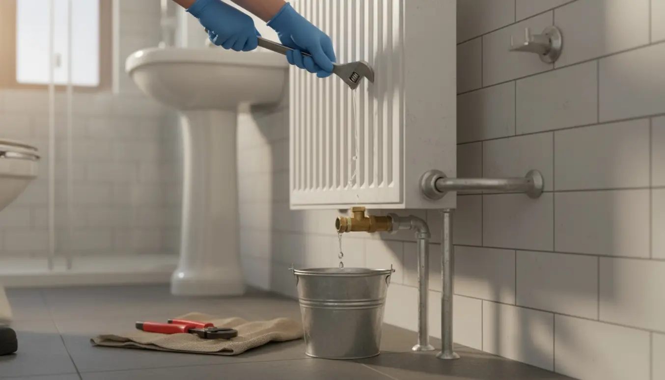 Afmontering af en badeværelsesradiator med skruenøgle og spand på flisegulvet.
