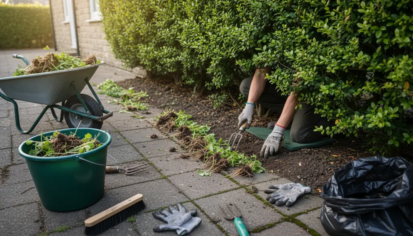Nogen luger ukrudt mellem fliser og langs husets sokkel under en hæk med haveredskaber og en trillebør fyldt med ukrudt.