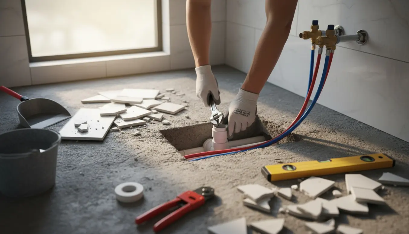 Badeværelse under renovering med gulv hugget op og en hånd, der installerer et nyt afløb og flytter vandinstallationer.