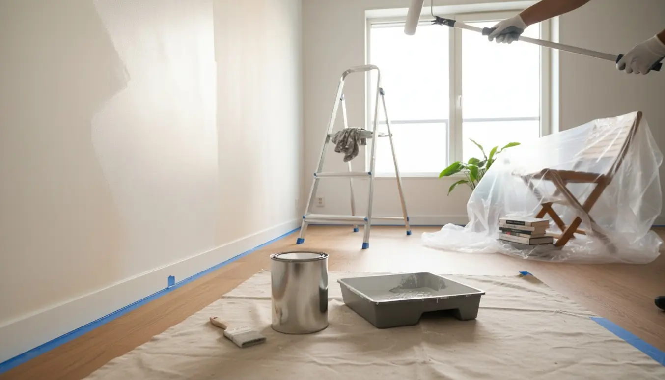 Moderne lejlighed under maling med rulle, spand og halvmalede hvide vægge og fodlister.