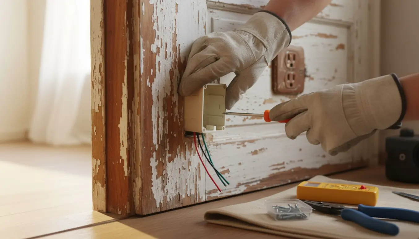 Hænder installerer nyt elstik i en 50 år gammel trædørkarm med værktøj ved siden af.