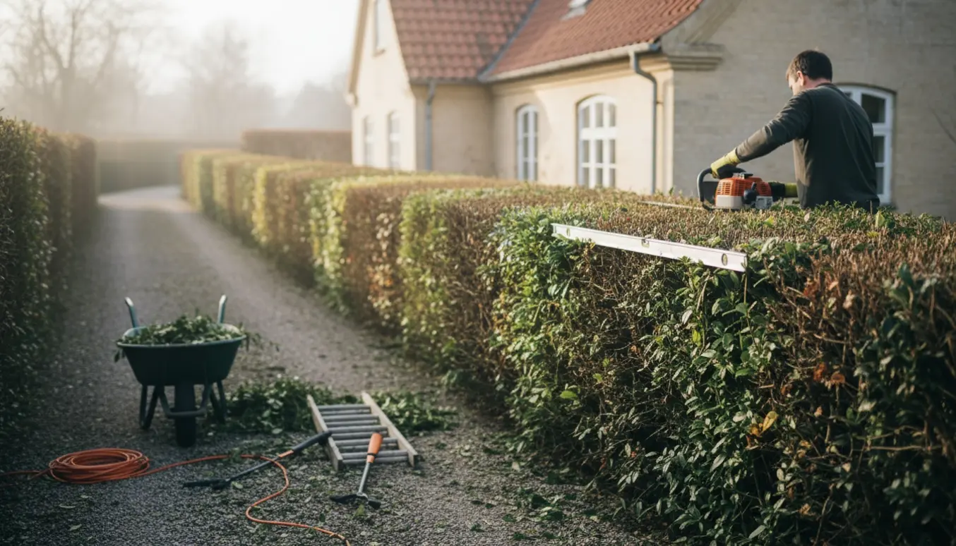 Lang blandet hæk foran en gammel villa i Risskov, professionelt klippet til cirka 180 cm med redskaber og friske afklip ved siden af.