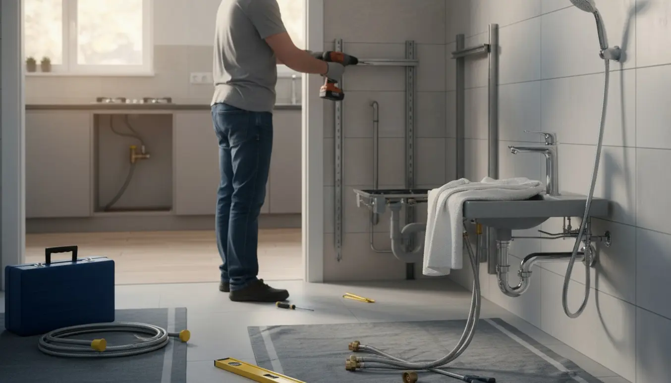 VVS'er monterer væghængt toilet og armatur i et lyst badeværelse, mens et afmonteret gaskomfur ses i køkkenet.